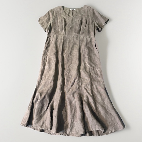 FLAX Dress Womens M Brown Linen Long Flare Circle Pockets Maxi V‎ Neck Lagenlook - Picture 1 of 10